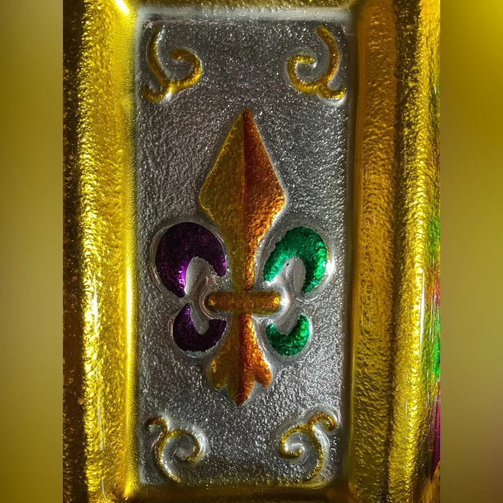 MARDI GRAS PLATTER NIB Fleur De Lis Handpainted Glass Divided Serving Platter